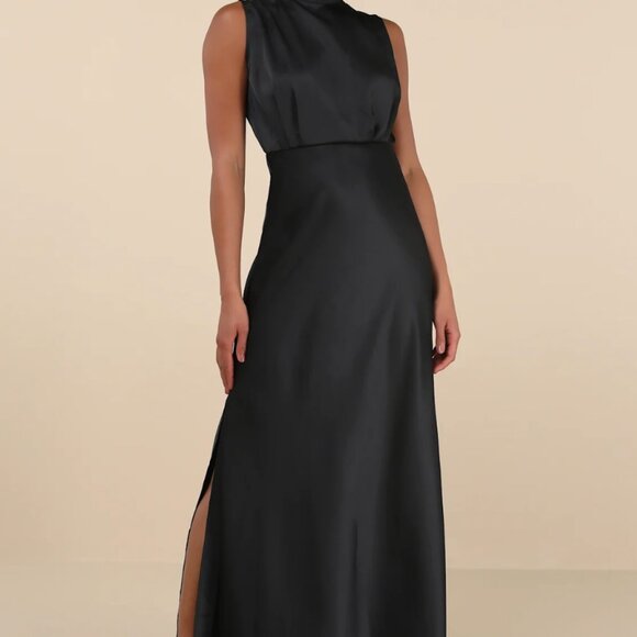 Lulus Dresses & Skirts - Lulus Classic Elegance Black Satin Sleeveless Mock Neck Maxi Dress